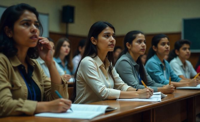 Indian undergraduate students studying together in a classroom at SIT College, Sidhi.